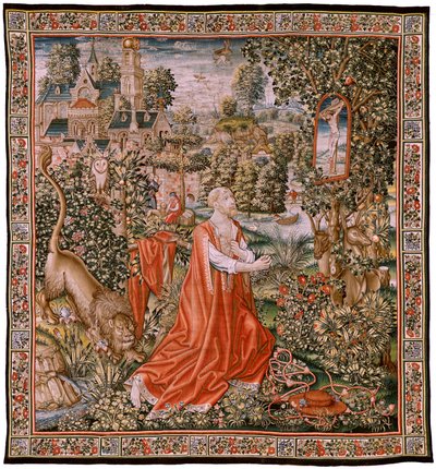 Arazzo fiammingo. San Girolamo penitente, o San Girolamo nel deserto. Modelli Cartone attribuito al circolo di Hans Memling (ca. 1433-1493) o Gerard David (ca. 1450-1523). Manifattura Tessitore sconosciuto. da Hans (school of) Memling