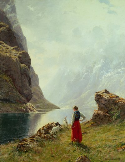 Una Ragazza con Capre vicino a un Fiordo da Hans Andreas Dahl