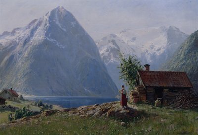Ragazza in un paesaggio di fiordo da Hans Andreas Dahl
