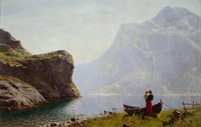 Donna e bambino sulla riva del fiordo da Hans Andreas Dahl