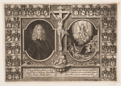 Gregers Friis ad Ålstrup e Cristo sulla croce e la resurrezione di Cristo. Circondato da scudi araldici da Hans Andreas Greys