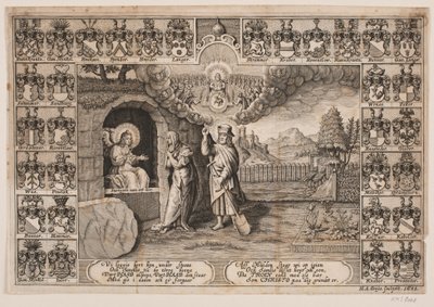 Frontespizio per sermone funebre su Ida Langs con rappresentazione di Cristo come giardiniere e Maria Maddalena da Hans Andreas Greys