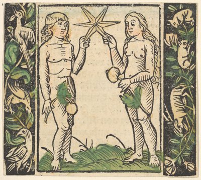 Adamo ed Eva che Tengono una Stella, illustrazione da Beschlossen Gart des Rosenkranz Mariae da Hans Baldung