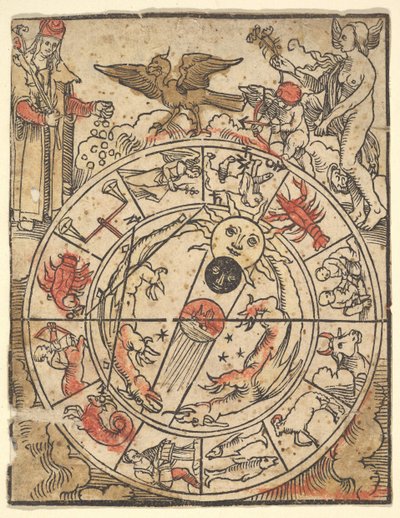 Carta dei segni dello zodiaco con Venere, Cupido e un santo vescovo da Hans Baldung