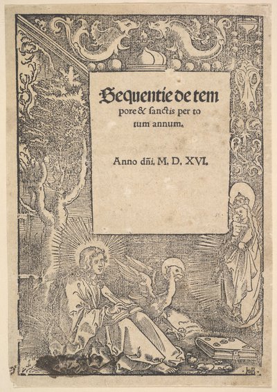 San Giovanni Evangelista a Patmos, pagina del titolo da Hymni de tempore et de sanctis, 1516 da Hans Baldung