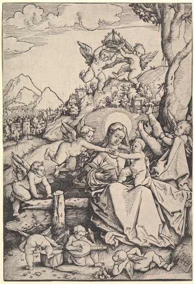 La Vergine e il Bambino con Otto Angeli in un Paesaggio da Hans Baldung