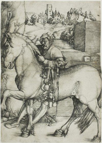 Un groom che mette la briglia a un cavallo da Hans Baldung Grien