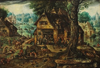 Veduta di villaggio con numerose persone da Hans Bol