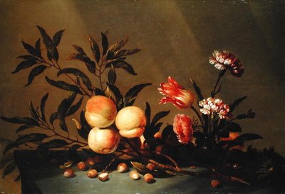 Natura morta di pesche e fiori da Hans Bollongier