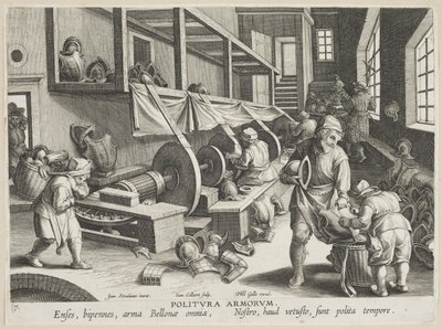 Politura delle armi, tavola 17 dalla serie Nova Reperta (Scoperte Moderne) c.1588 (incisione su carta vergata) da Hans Collaert