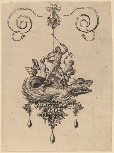 Progetto per un pendente con un mostro marino che trasporta Nettuno affiancato da due figure da Hans Collaert the Elder