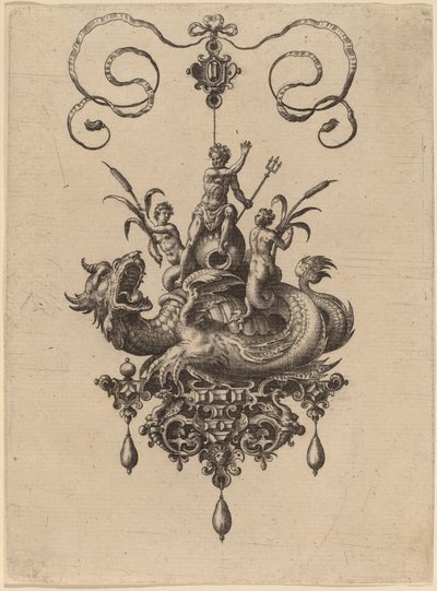 Progetto per un pendente con un mostro marino che trasporta Nettuno affiancato da due nereidi da Hans Collaert the Elder