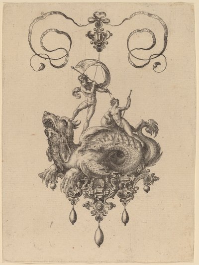 Design per un pendente con un mostro marino che trasporta Teti e un uomo con una vela da Hans Collaert the Elder
