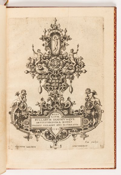 Pagina del titolo da una suite di dieci, intitolata Monilium Bullarum Inauriumque Artificiocissimae Icones, Ioannis Collaert Opus Postremum (Disegni per Collane, Pendenti e Orecchini di Massima Abilità, l