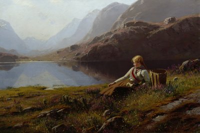Ragazza che lavora a maglia vicino al lago di montagna da Hans Dahl