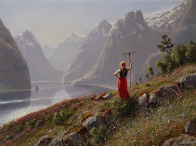 Ragazza con rastrello in paesaggio di fiordo da Hans Dahl