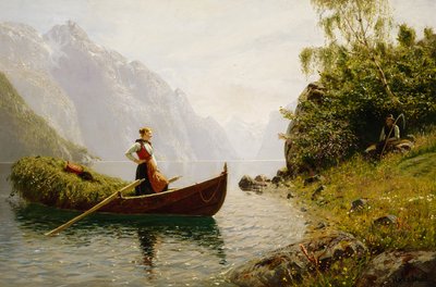 Donna e uomo in un paesaggio di fiordo da Hans Dahl