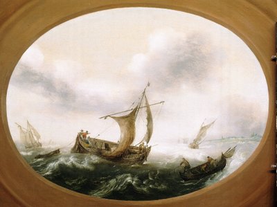 Barche da pesca olandesi catturate in una grande brezza, una barca più piccola, vele abbassate, a destra, con pescatori che tirano le reti da Hans Goderis