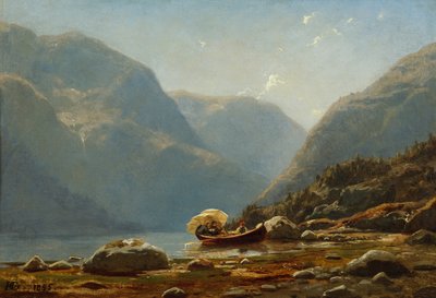 Paesaggio del fiordo con persone in barca a remi da Hans Gude