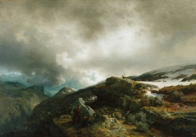 Paesaggio di alta montagna con cacciatori di renne da Hans Gude