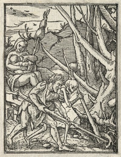 La danza della morte: Espulsione dal Paradiso; Adamo che coltiva la terra da Hans Holbein
