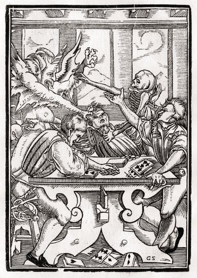 La morte e il diavolo vengono per il giocatore di carte, inciso da Georg Scharffenberg, da 