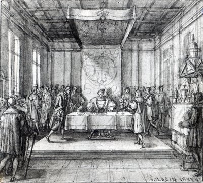 Enrico VIII nella sua camera privata (penna, inchiostro e lavaggio su carta) da Hans Holbein der Jüngere