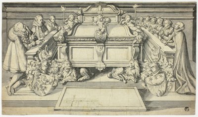 Progetto di epitaffio: Membri della famiglia inginocchiati davanti alla tomba da Hans Holbein the Younger