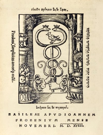 Marchio tipografico di Johann Frobens (c.1460-1527) che mostra due mani che tengono il caduceo dall