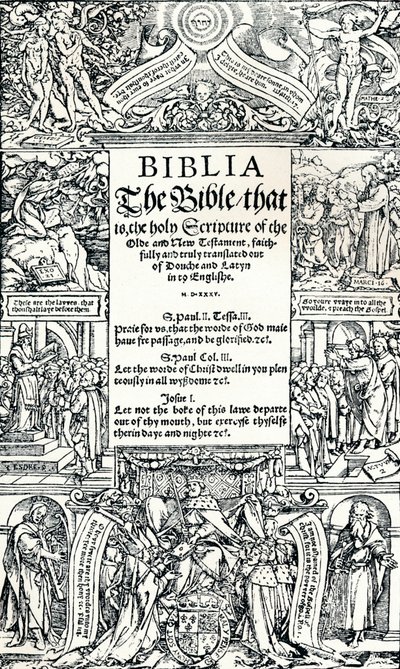 Pagina del titolo della Bibbia inglese di Coverdale, 1535 da Hans Holbein der Jüngere