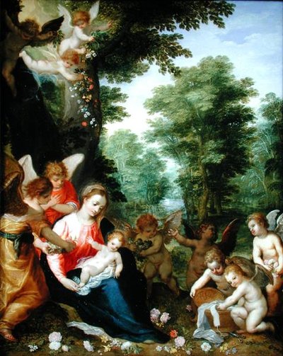 Madonna col Bambino e angeli in un paesaggio da Hans I or Johann Rottenhammer