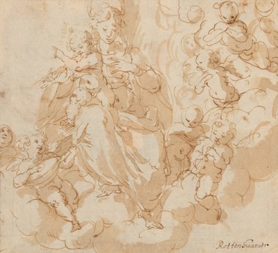 La Vergine e il Bambino seduti sulle nuvole, circondati da putti da Hans I or Johann Rottenhammer
