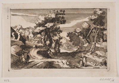 Paesaggio collinare con case contadine. In primo piano una lattaia e un contadino con forcone da Hans Jørgen Kirksteen