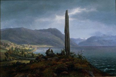 La pietra commemorativa di Frithjof a Leikanger vicino a Balestrand a Soon da Hans Leganger Reusch