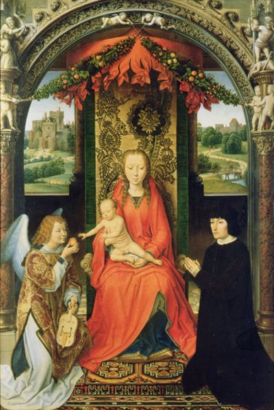 Madonna col Bambino con donatori e un angelo, pannello centrale di un trittico, 1485-90 da Hans Memling