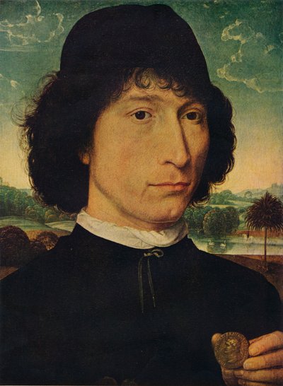 Ritratto di un uomo che tiene una moneta dell