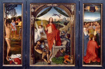 Trittico della resurrezione. Sinistra: Martirio di San Sebastiano. Destra: l