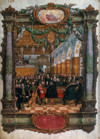Orlando di Lasso, in basso a sinistra, in concerto per il Duca Albrecht V di Baviera alla corte di Monaco da Hans Mielich or Muelich