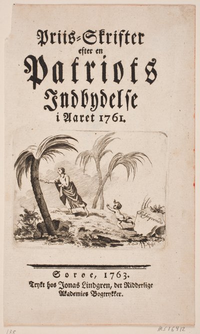 Frontespizio con vignetta per "Priis-Skrifter efter en Patriots Indbydelse i Aaret 1761" da Hans Quist
