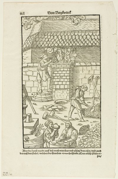 Pagina CCCL da Vom Bergwerck XII Bücher di Agricola, tavola 43 da Xilografie da libri del XVI secolo da Hans Rudolf Manuel Deutsch
