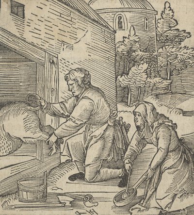 Un Contadino che Macella un Maiale, da Hymmelwagen auff dem, wer wol lebt..., 1517 da Hans Schäufelein the Elder