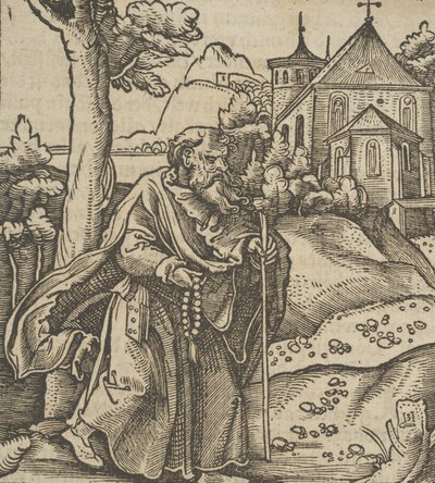 Un vecchio pellegrino che cammina verso destra, da Hymmelwagen auff dem, wer wol lebt... da Hans Schäufelein the Elder