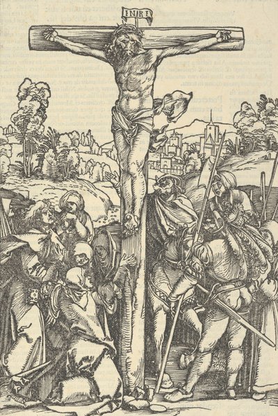 La crocifissione, da Der beschlossen gart des rosenkranzes marie da Hans Schäufelein the Elder