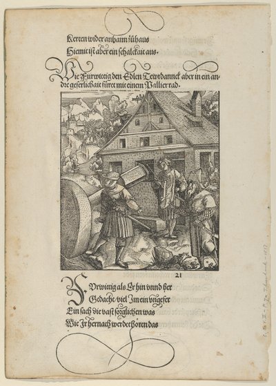 Spinto da Fürwittig, Theuerdanck cerca di manipolare una pietra per lucidare, da Theuerdanck, 1517 da Hans Schäufelein the Elder