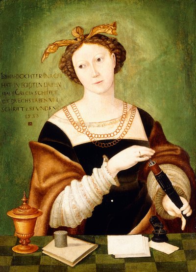 Ritratto di una signora, mezzo busto, con una scatola di penne davanti a un ripiano da Hans Schöpfer