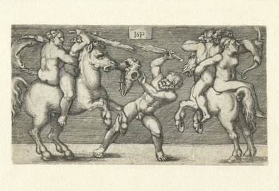 Combattimento tra due uomini con donne a cavallo e un uomo in piedi da Hans Sebald Beham
