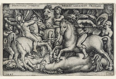 Ercole combatte contro i Troiani, 1545 (incisione su carta vergata) da Hans Sebald Beham