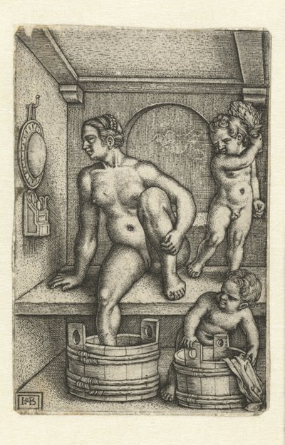 Donna con due bambini in bagno da Hans Sebald Beham
