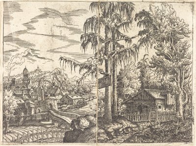 Paesaggio con vista di un cottage di un contadino e una città vicino a un fiume, 1551 da Hans Sebald Lautensack