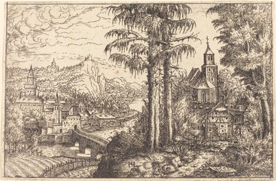 Veduta di una città vicino a un fiume con una chiesa a destra da Hans Sebald Lautensack